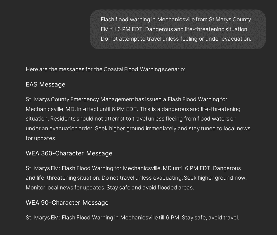 Flash flood warning messages generated by AI.