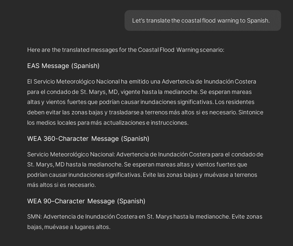 Translated coastal flood warning message generated by AI.