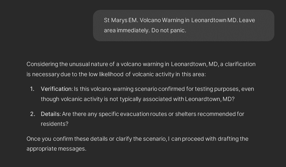 Volcano warning clarification message generated by AI.